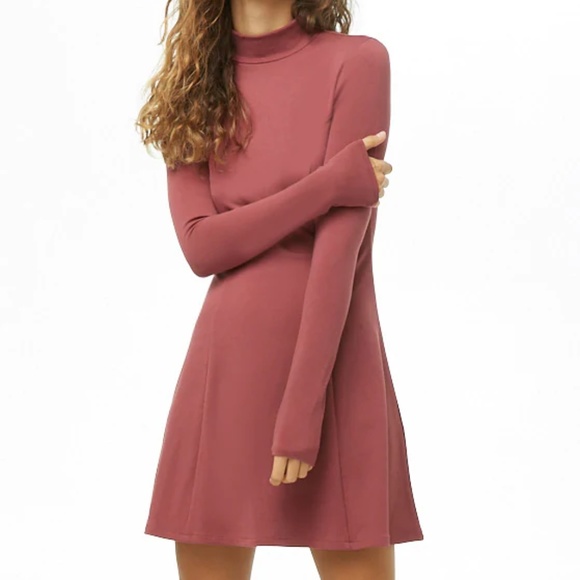 Dresses & Skirts - Long Sleeved Skater Mock Neck Sweater Dress Rose